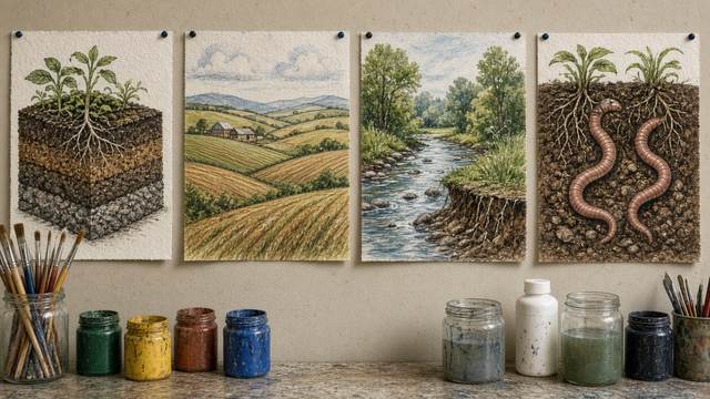 Student art posters of soil layers, farm fields, a stream and earthworms pinned above paint jars in an art room
