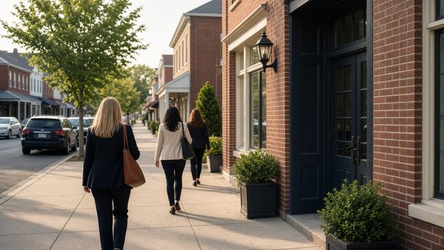 Women walking to work past brick storefronts on a small-town street